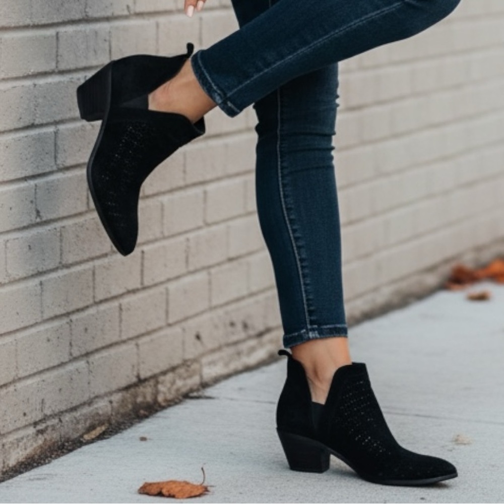 Sigerson Morrison Booties SZ 7 Black Suede Leather Perforated Pattern Slip-on